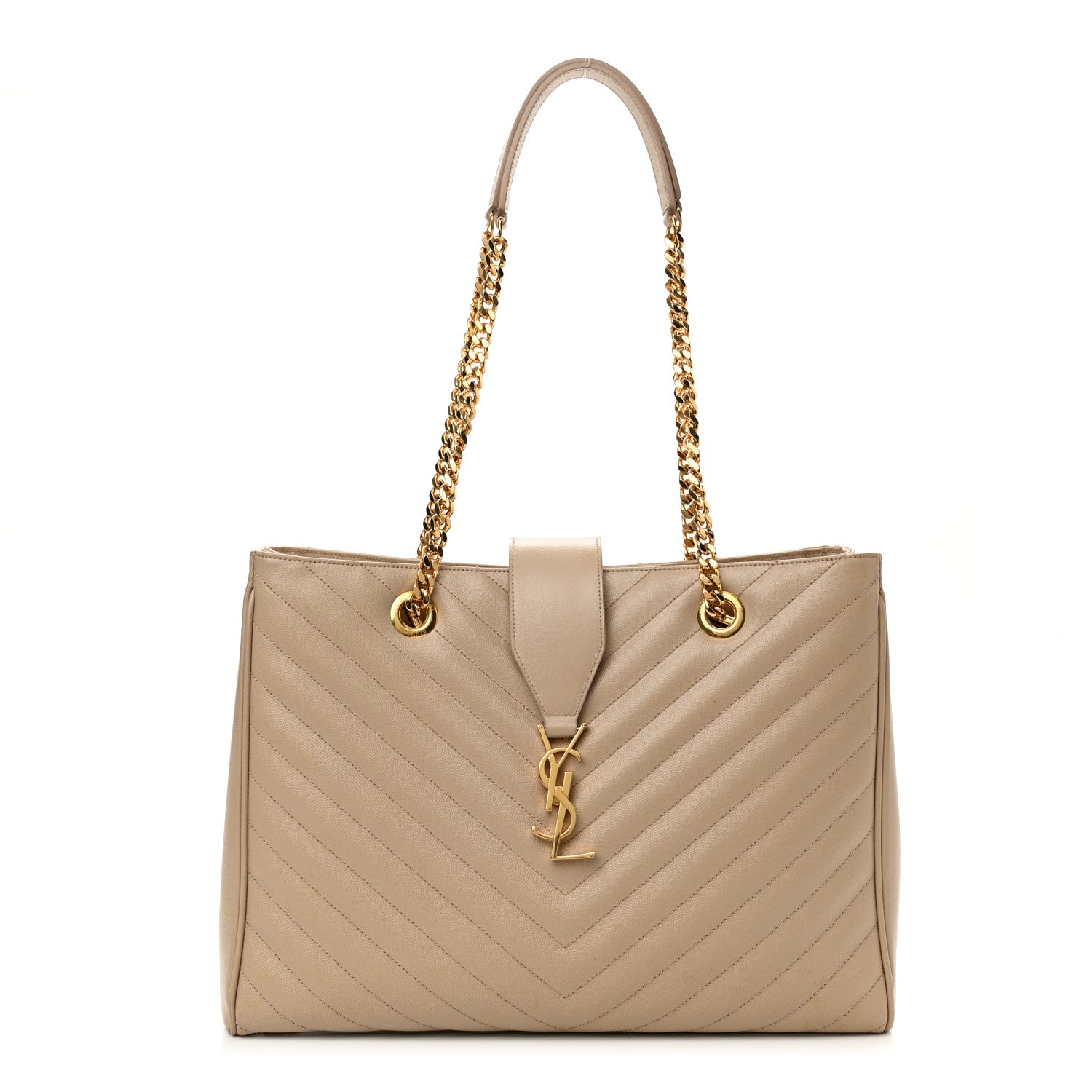Saint Laurent Grain De Poudre Matelasse Chevron Monogram Shopping Bag Dark Beige 1 of 10