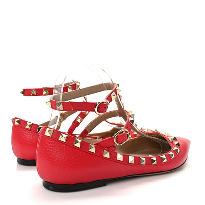 Valentino Garavani Pebbled Calfskin Rockstud Cage Ballerina Flats 37 Red 4 of 11