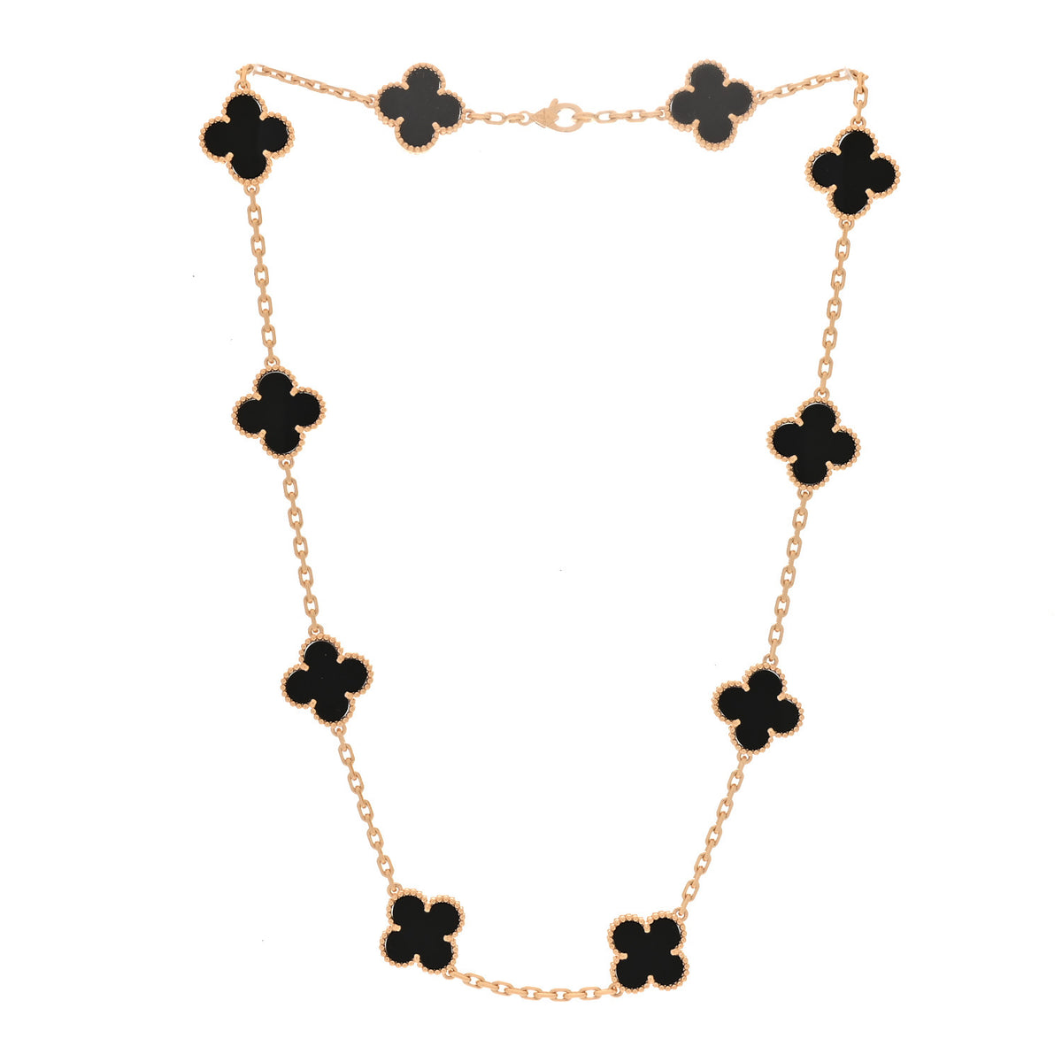 18K Yellow Gold Black Onyx 10 Motifs Vintage Alhambra Necklace