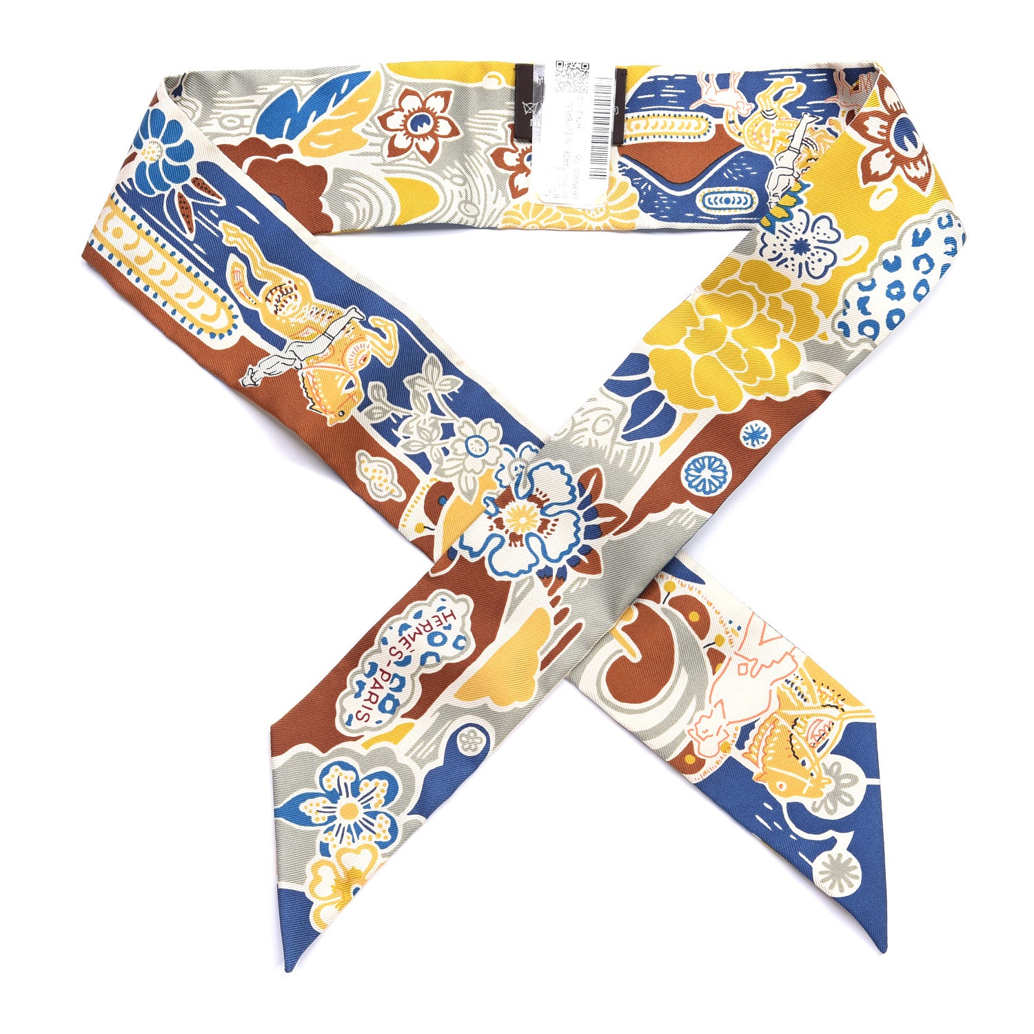 Hermes Silk Bingata Twilly Moutarde Bleu Brun 1 of 4
