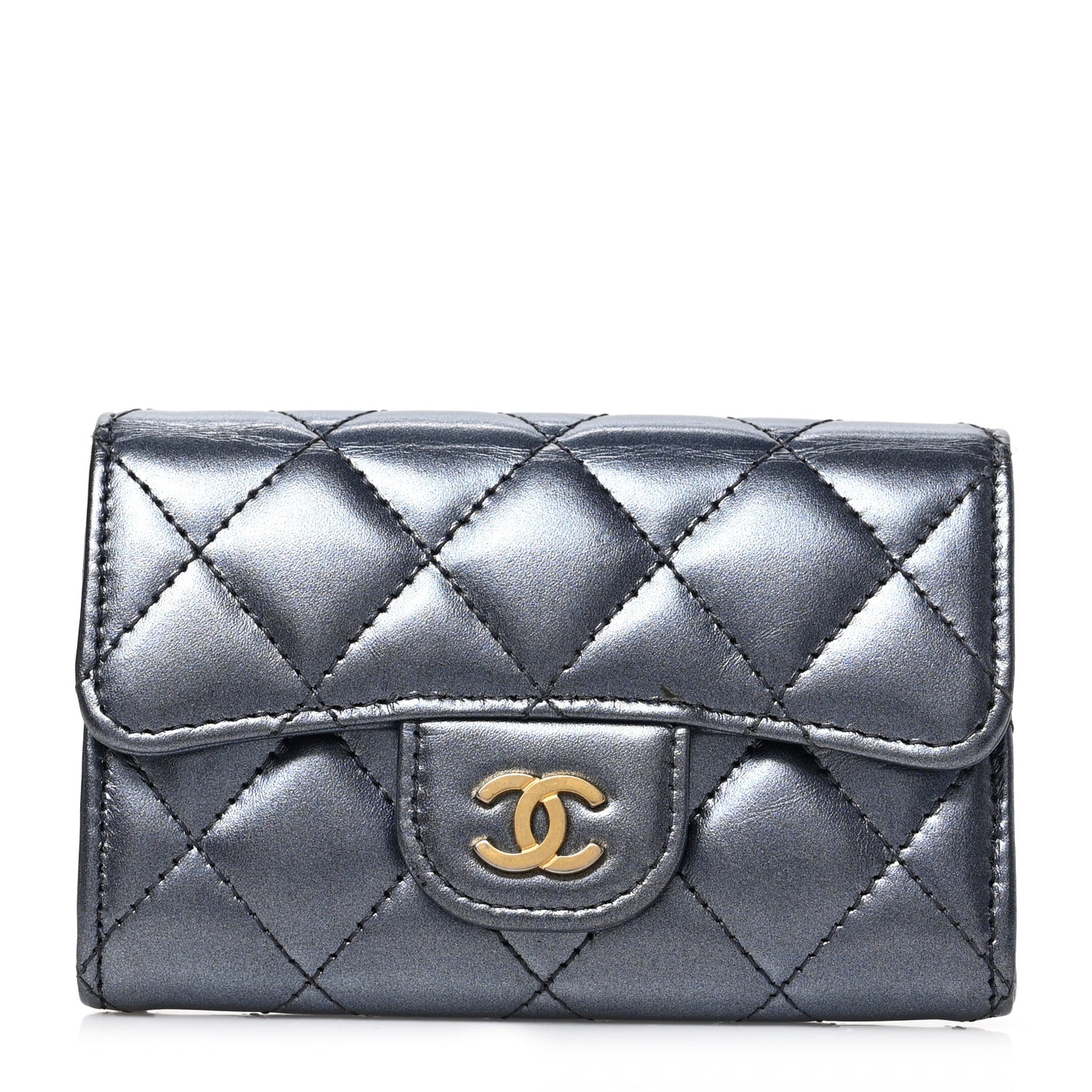 Metallic Lambskin Quilted Flap Card Holder Wallet Dark Blue