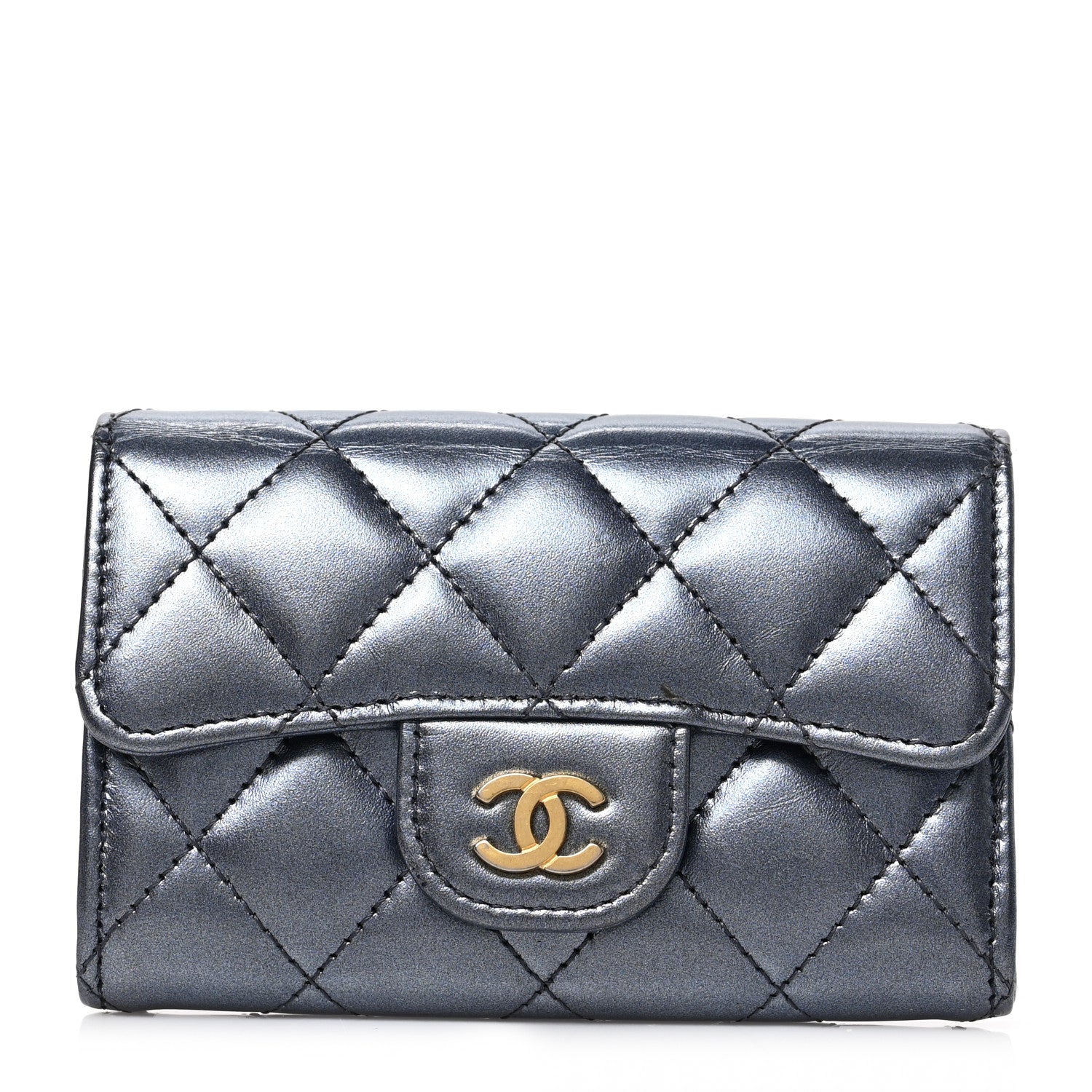 Chanel Metallic Lambskin Quilted Flap Card Holder Wallet Dark Blue 1 of 7