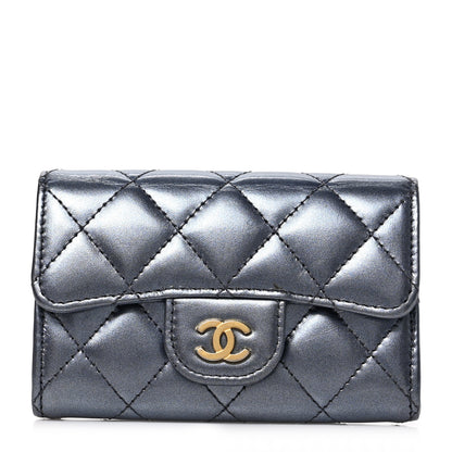 Chanel Metallic Lambskin Quilted Flap Card Holder Wallet Dark Blue 1 of 7