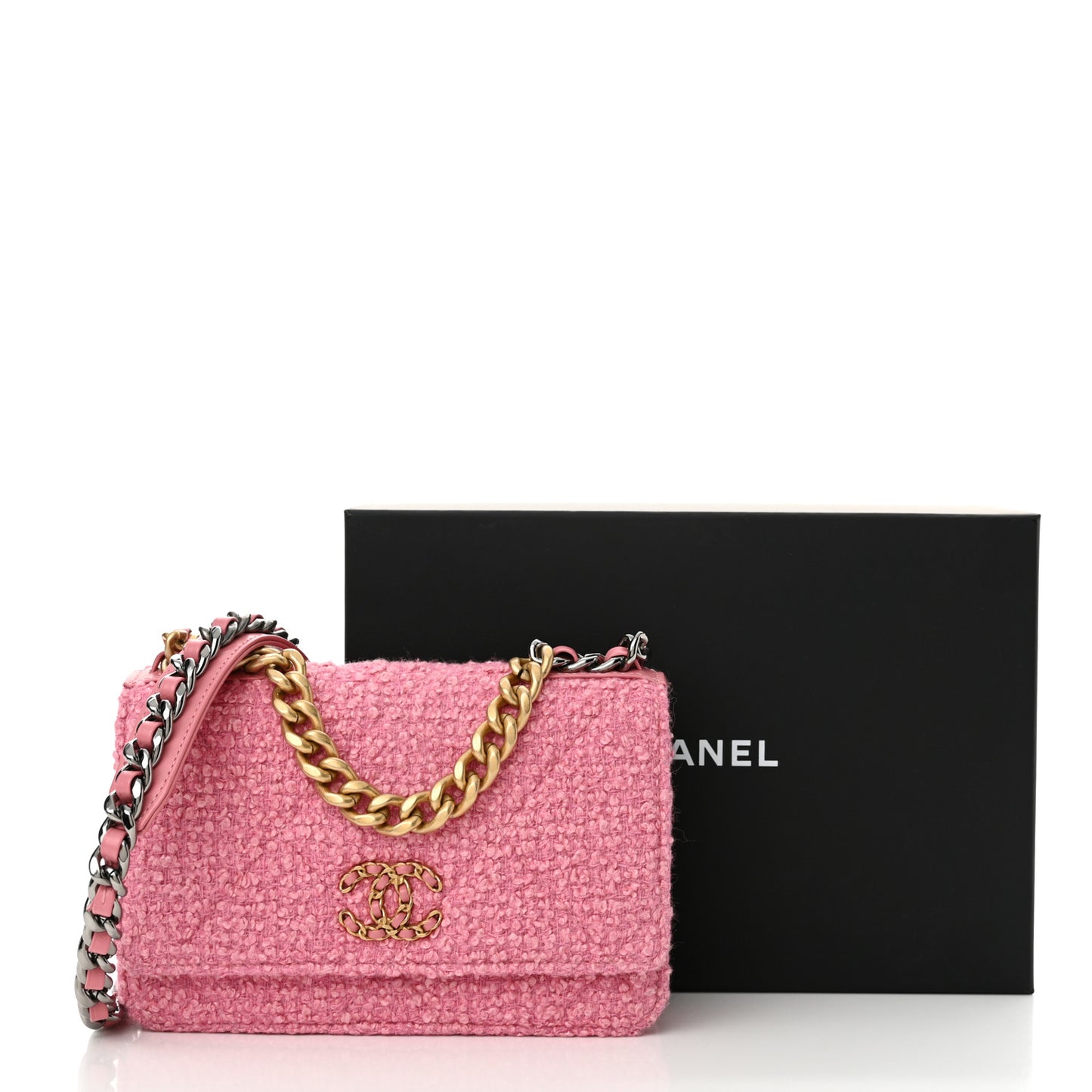Wool Tweed Lambskin Quilted Chanel 19 Wallet On Chain WOC Pink