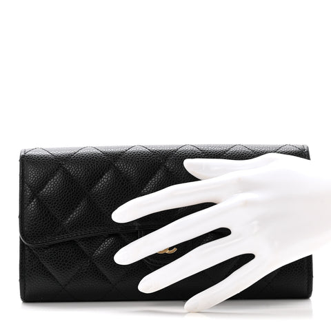 Caviar Quilted Large Gusset Flap Wallet Black