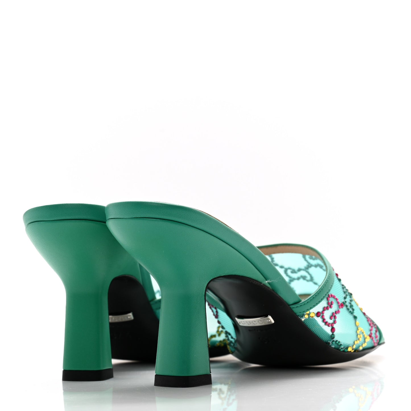 Tela Retino Nappa Crystal GG Monogram Square G 95mm Slide Sandals 37.5 Turquoise