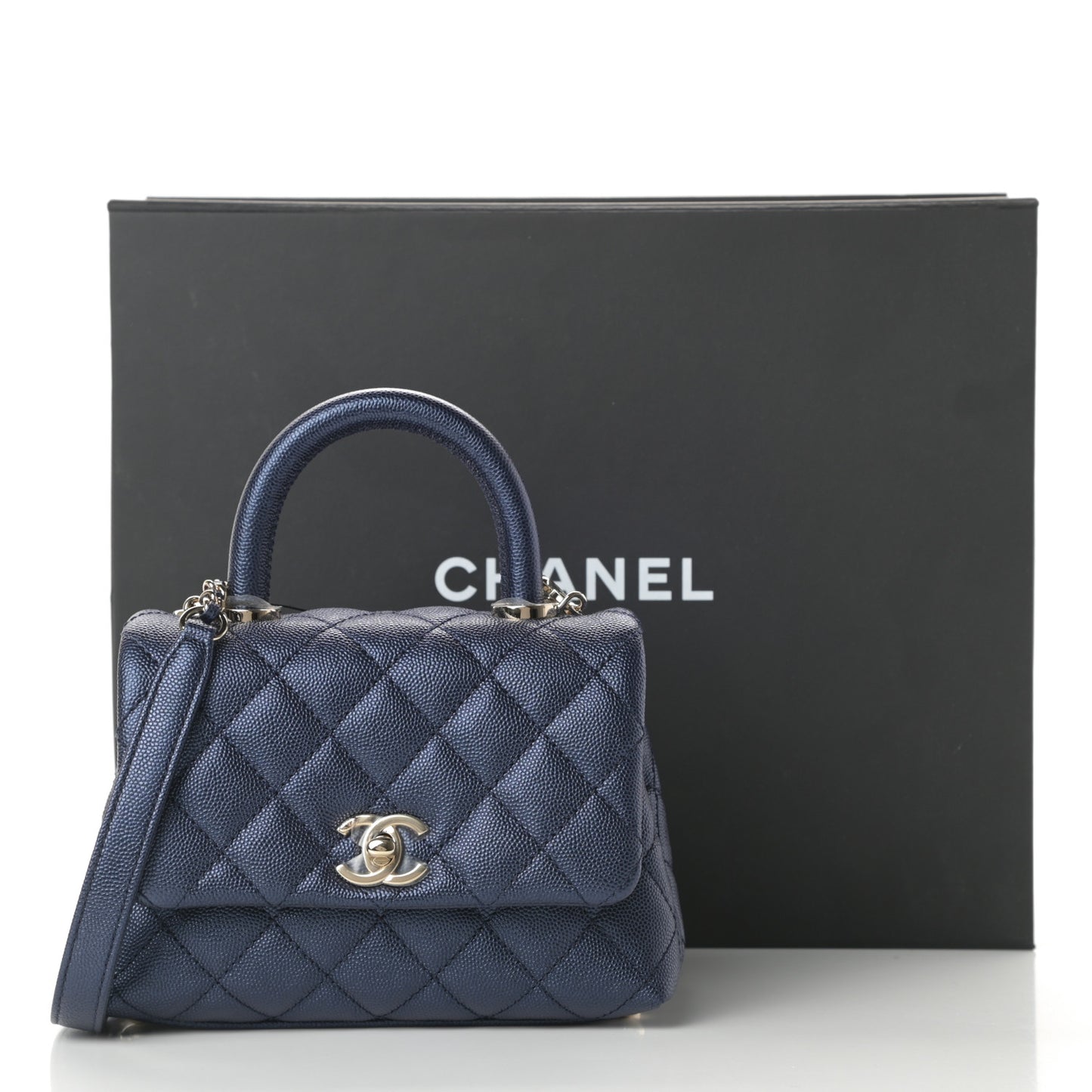 Iridescent Caviar Quilted Extra Mini Coco Handle Flap Dark Blue