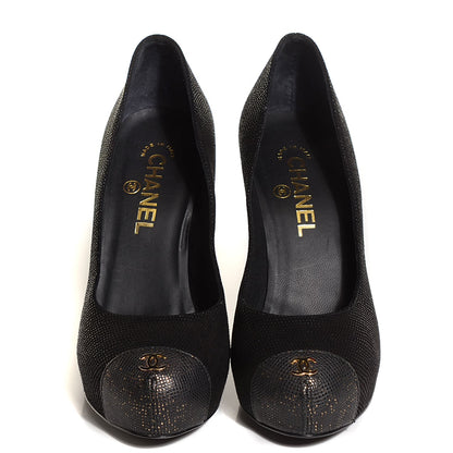 Chanel Coated Suede CC Cap Toe Pumps 37.5 Black 2 of 7