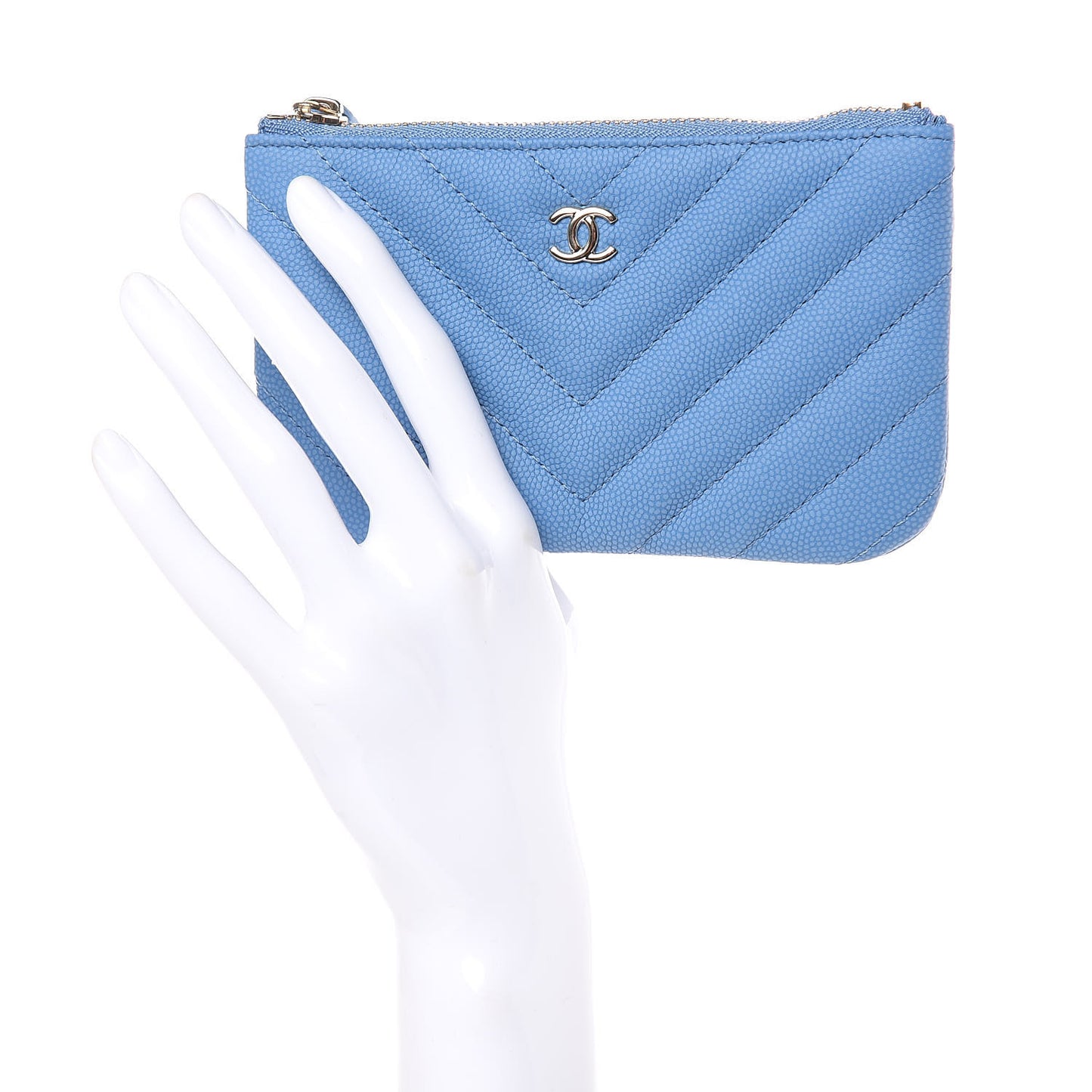 Caviar Chevron Quilted Small Cosmetic Case Blue
