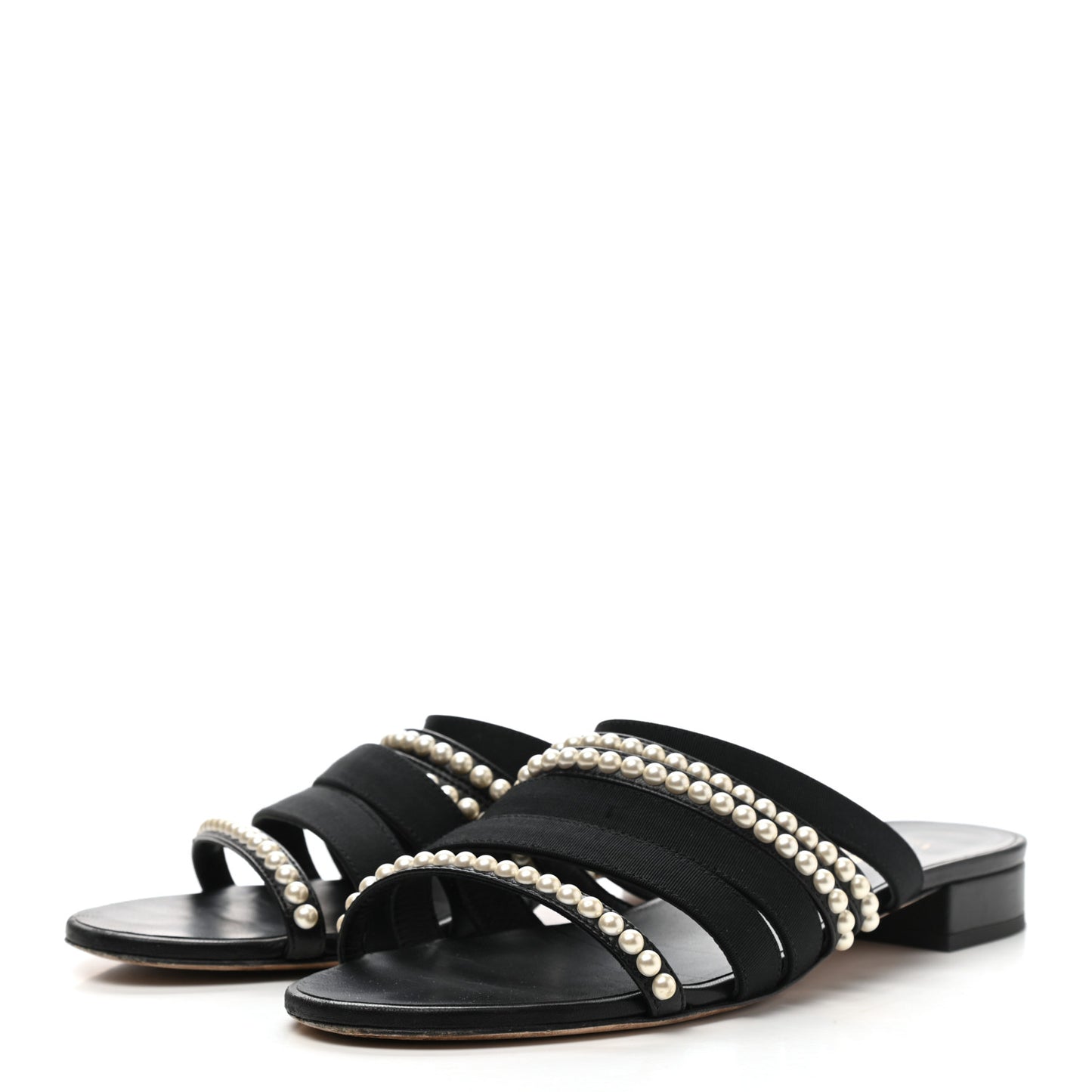 Grosgrain Pearl CC Flat Sandals 38.5 Black