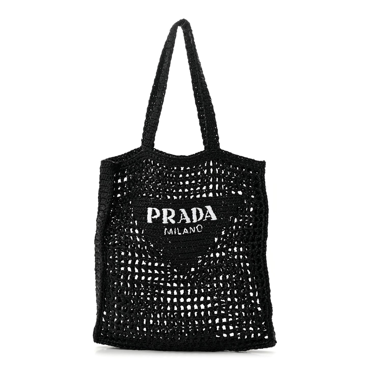 Yarn Raffia Effect Crochet Logo Embroidered Tote Bag Black