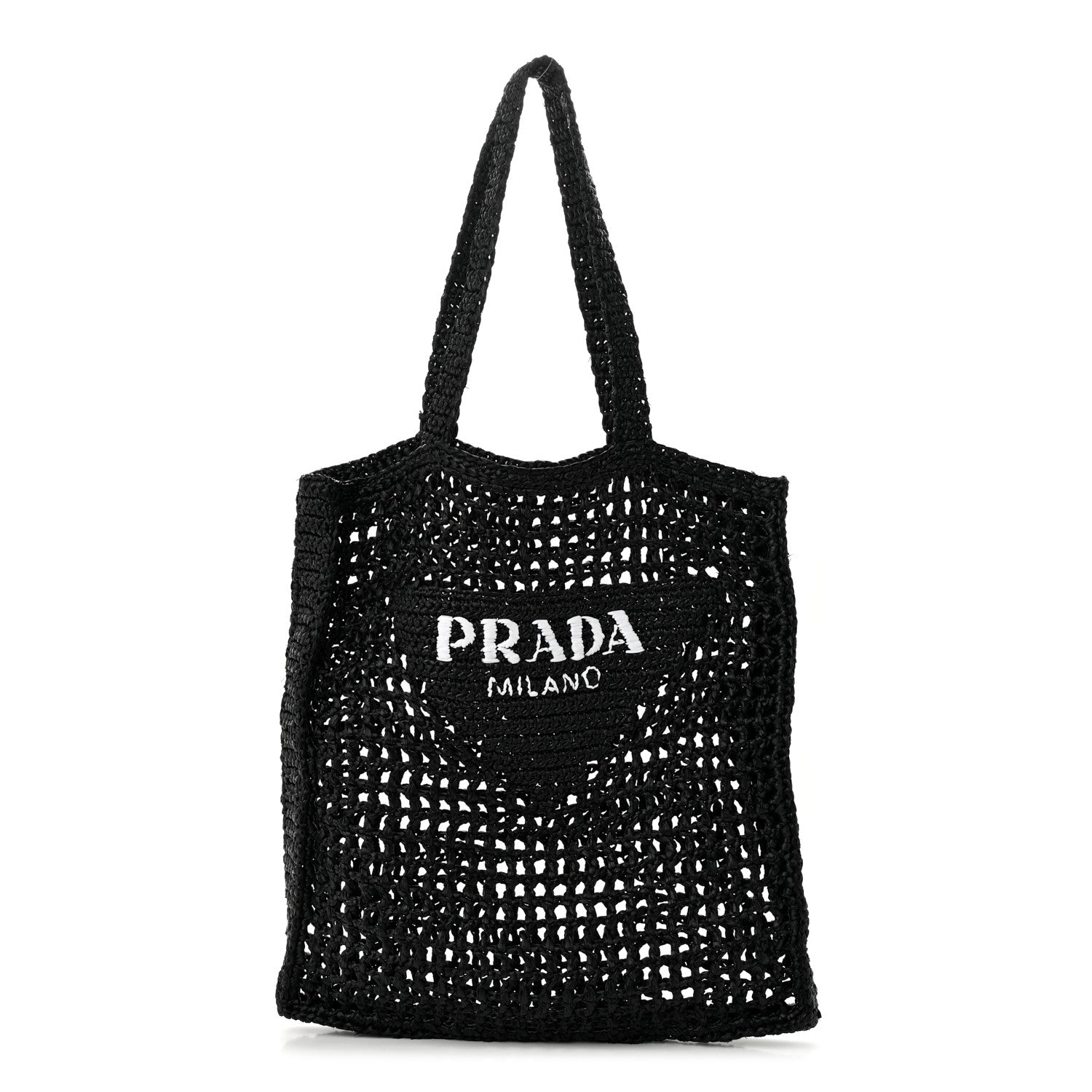 Prada Yarn Raffia Effect Crochet Logo Embroidered Tote Bag Black 1 of 9