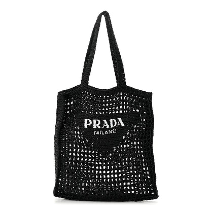 Prada Yarn Raffia Effect Crochet Logo Embroidered Tote Bag Black 1 of 9