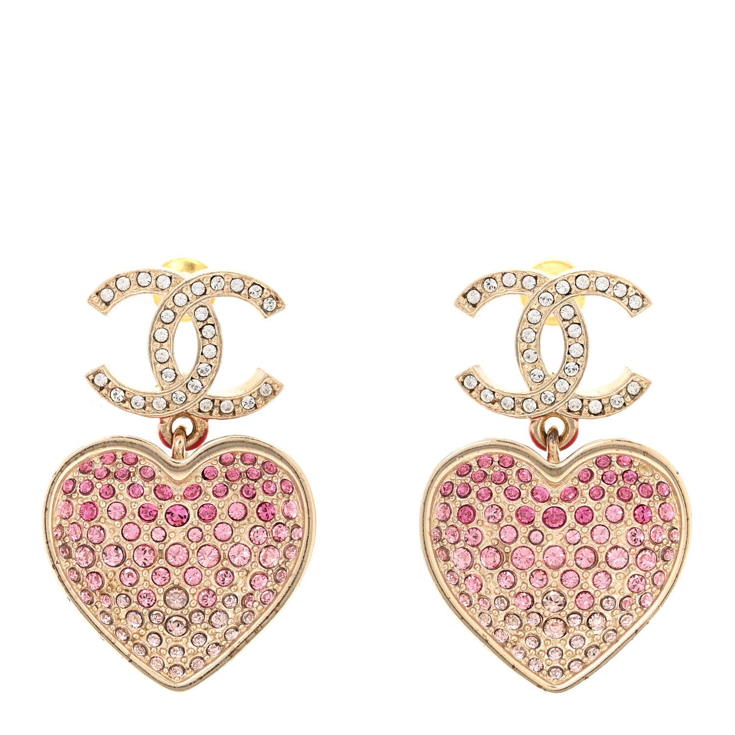Chanel Crystal CC Resin Heart Drop Earrings Pink Gold 1 of 5