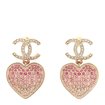 Chanel Crystal CC Resin Heart Drop Earrings Pink Gold 1 of 5