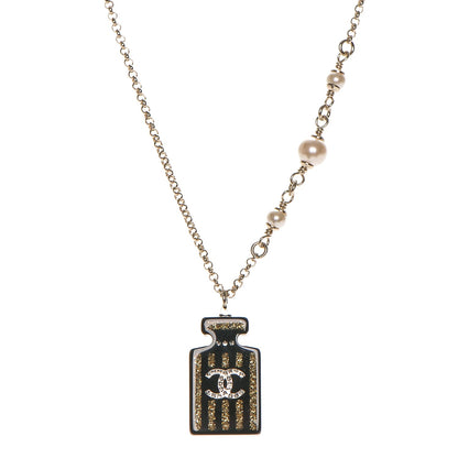 Chanel Resin Strass Perfume Bottle CC Necklace Black Gold 1 of 4