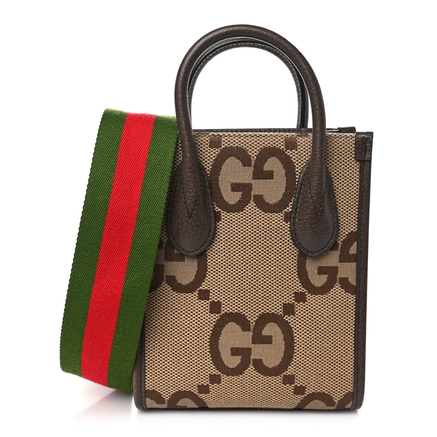 Monogram Jumbo GG Textured Dollar Calfskin Web Mini Vertical Tote Camel Ebony New Acero