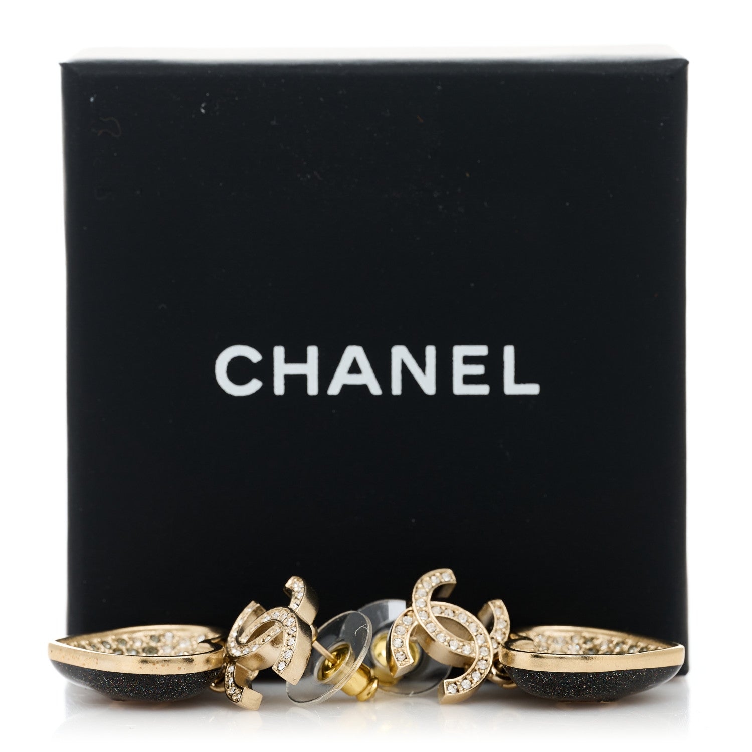 Chanel Crystal CC Resin Heart Drop Earrings Black Gold 5 of 5