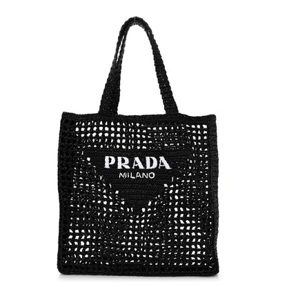 Prada Yarn Raffia Effect Crochet Logo Embroidered Tote Bag Black 1 of 8