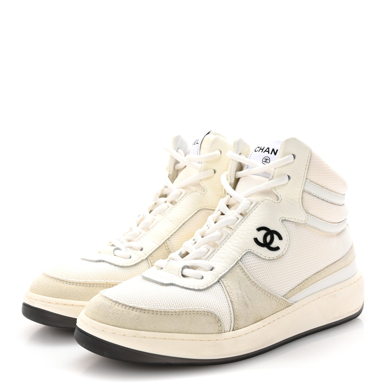 Chanel Suede Fabric Grained Calfskin Womens CC High Top Sneakers 38.5 White 4 of 10