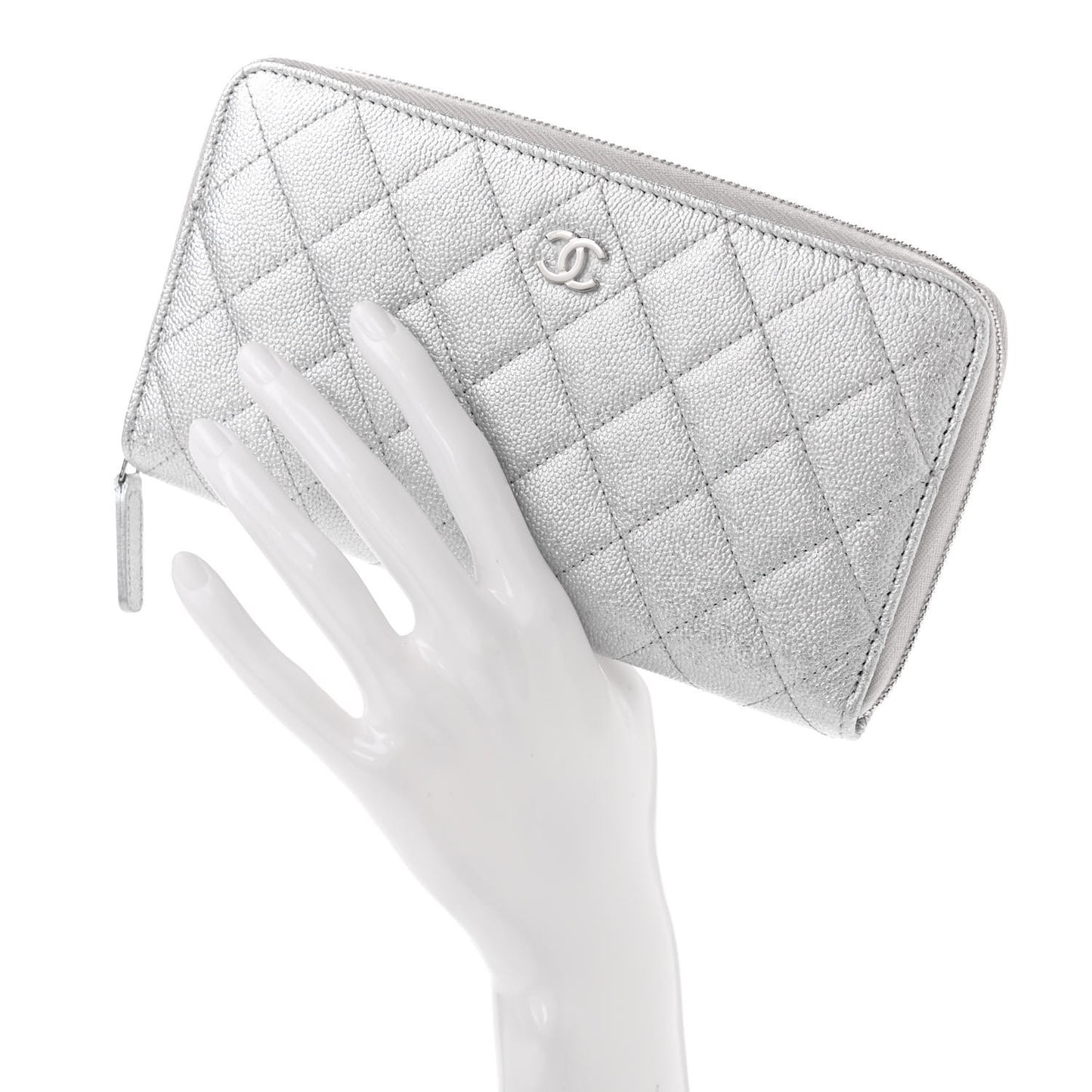 Metallic Caviar Quilted Large Gusset Zip Around Wallet Silver