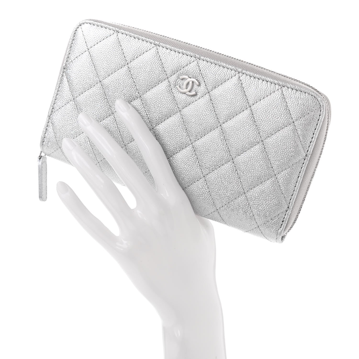 Chanel Metallic Caviar Quilted Large Gusset Zip Around Wallet Silver 2 of 9