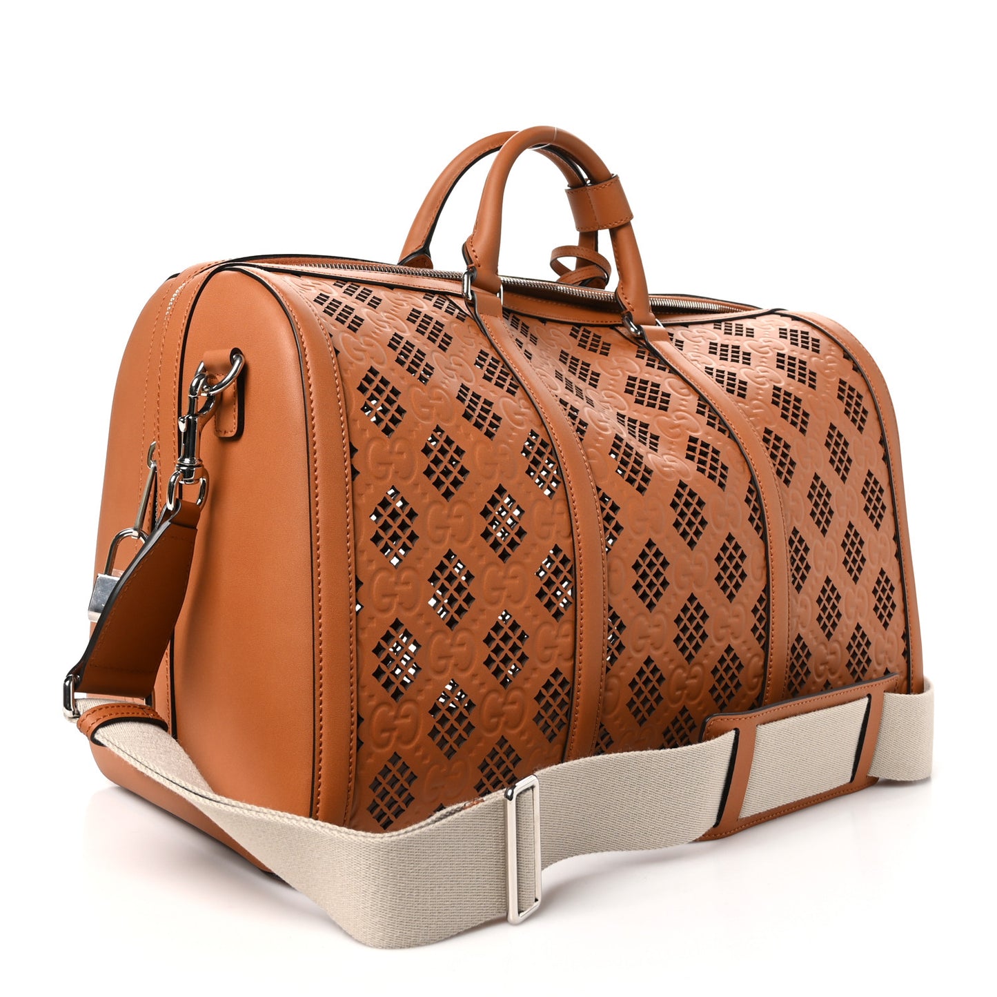 Calfskin Cut Out GG Embossed Medium Duffle Bag Harness Brown