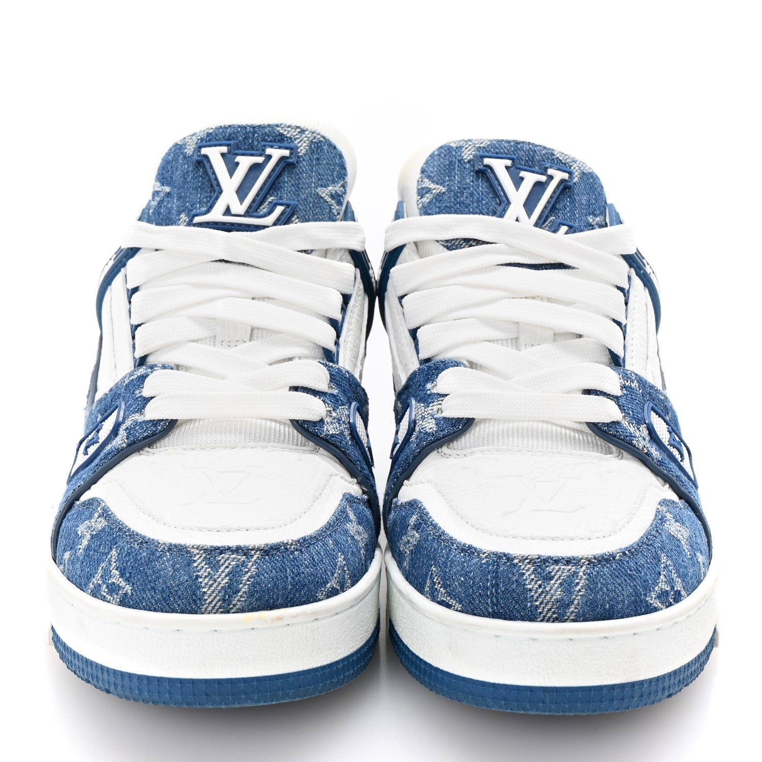 Louis Vuitton Calfskin Embossed Monogram Denim Womens LV Trainer Sneakers 38 Blue 3 of 11