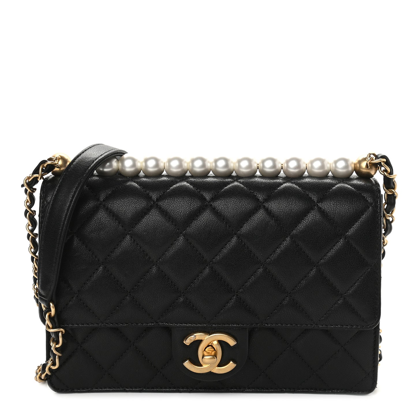 Goatskin Quilted Small Chic Pearls Flap Black