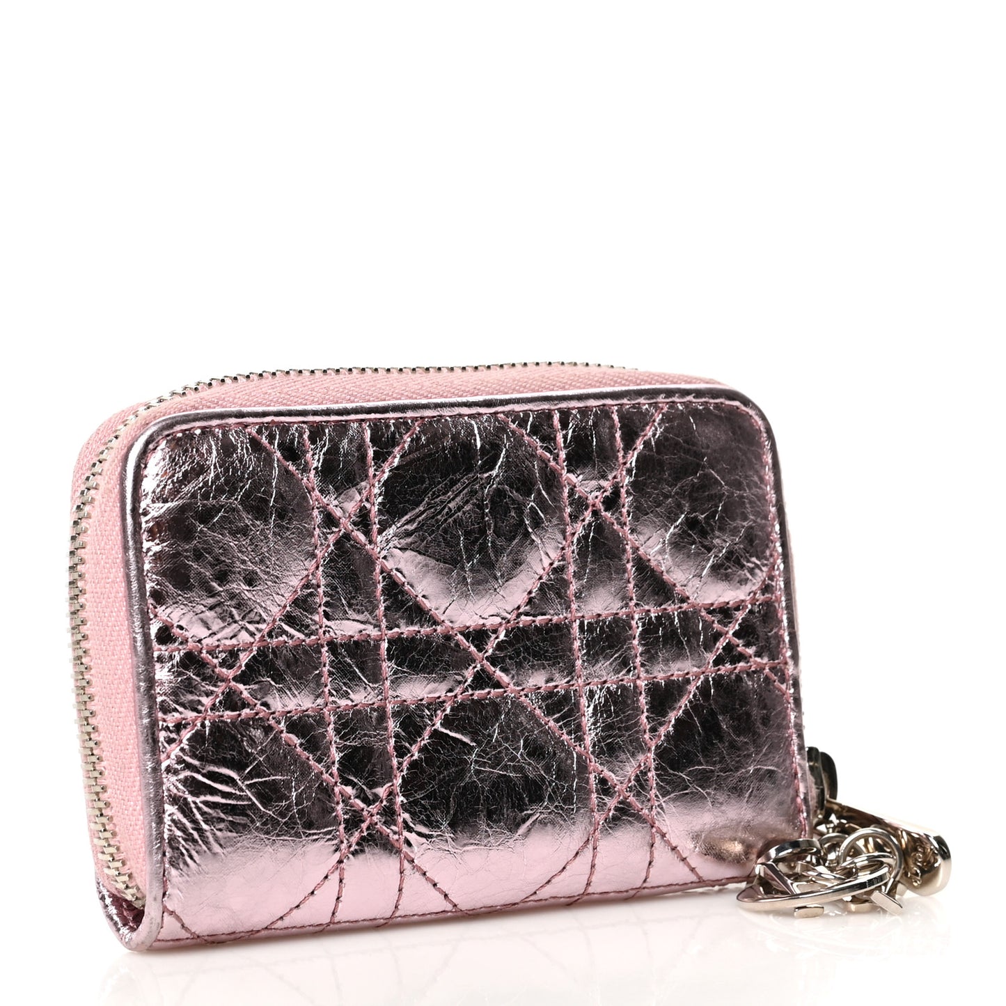 Metallic Calfskin Cannage Mini Lady Dior Zip Portemonnaie Pink