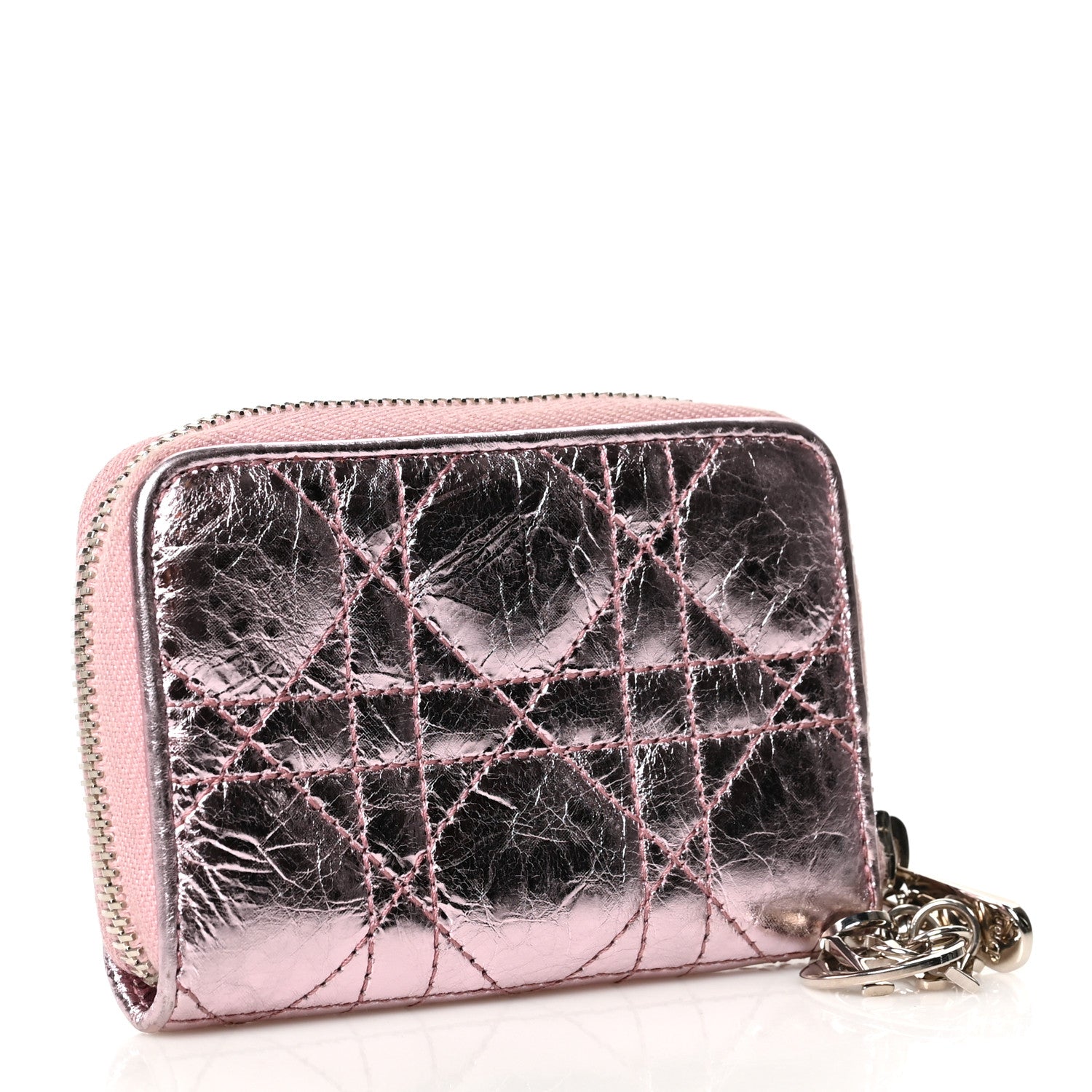 Christian Dior Metallic Calfskin Cannage Mini Lady Dior Zip Portemonnaie Pink 3 of 8
