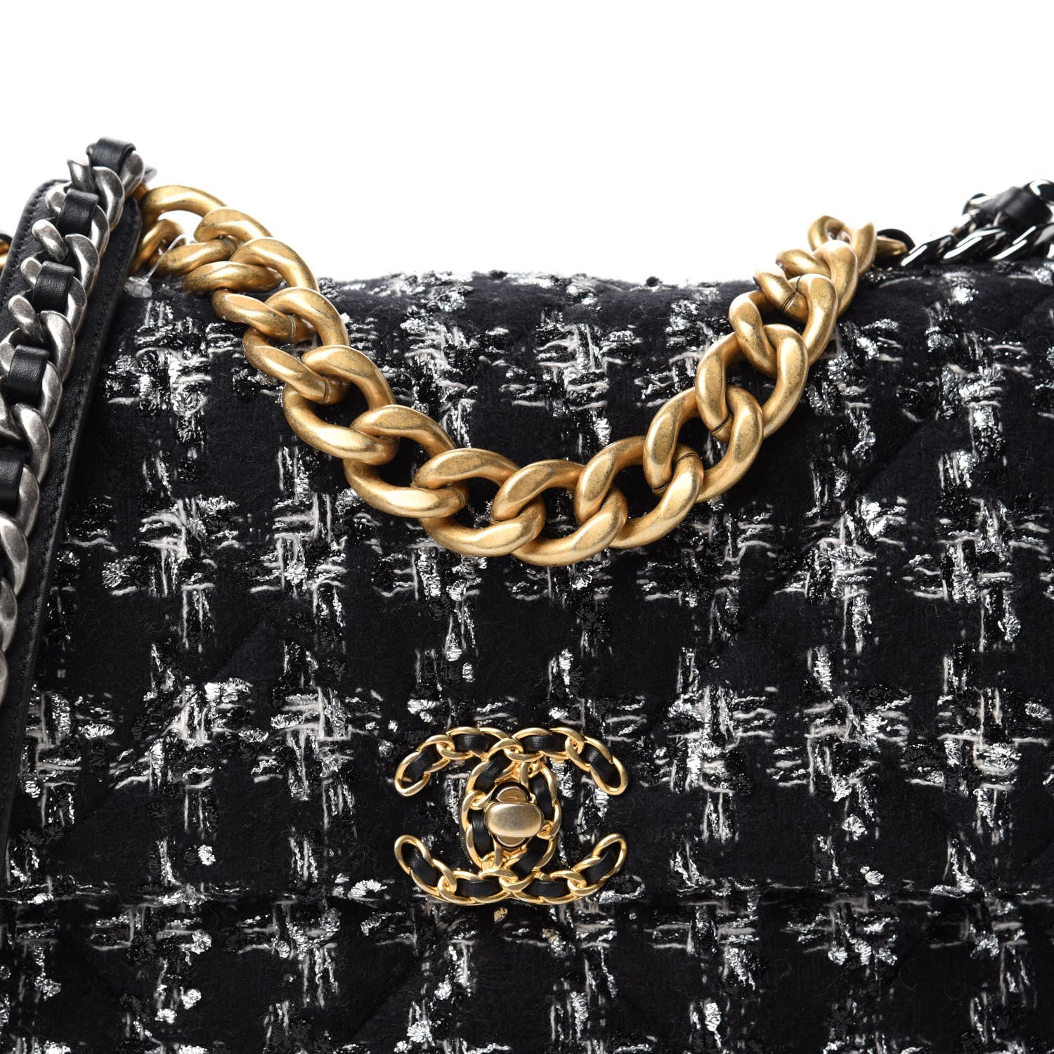 Chanel Tweed Quilted Large 19 Flap Black Ecru White 10 of 11
