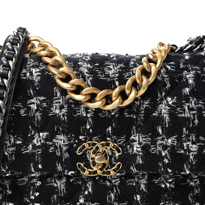 Chanel Tweed Quilted Large 19 Flap Black Ecru White 10 of 11