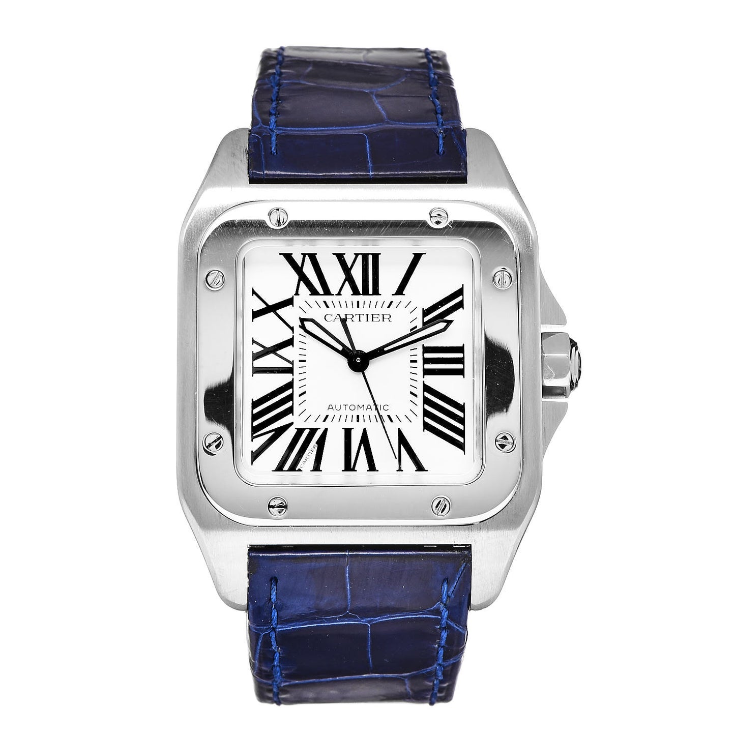 Stainless Steel Alligator 33mm Santos 100 Automatic Watch Blue