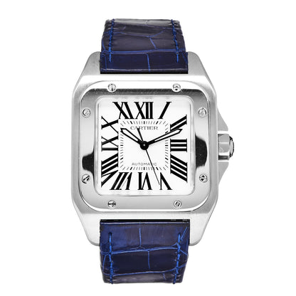 Cartier Stainless Steel Alligator 33mm Santos 100 Automatic Watch Blue 1 of 9