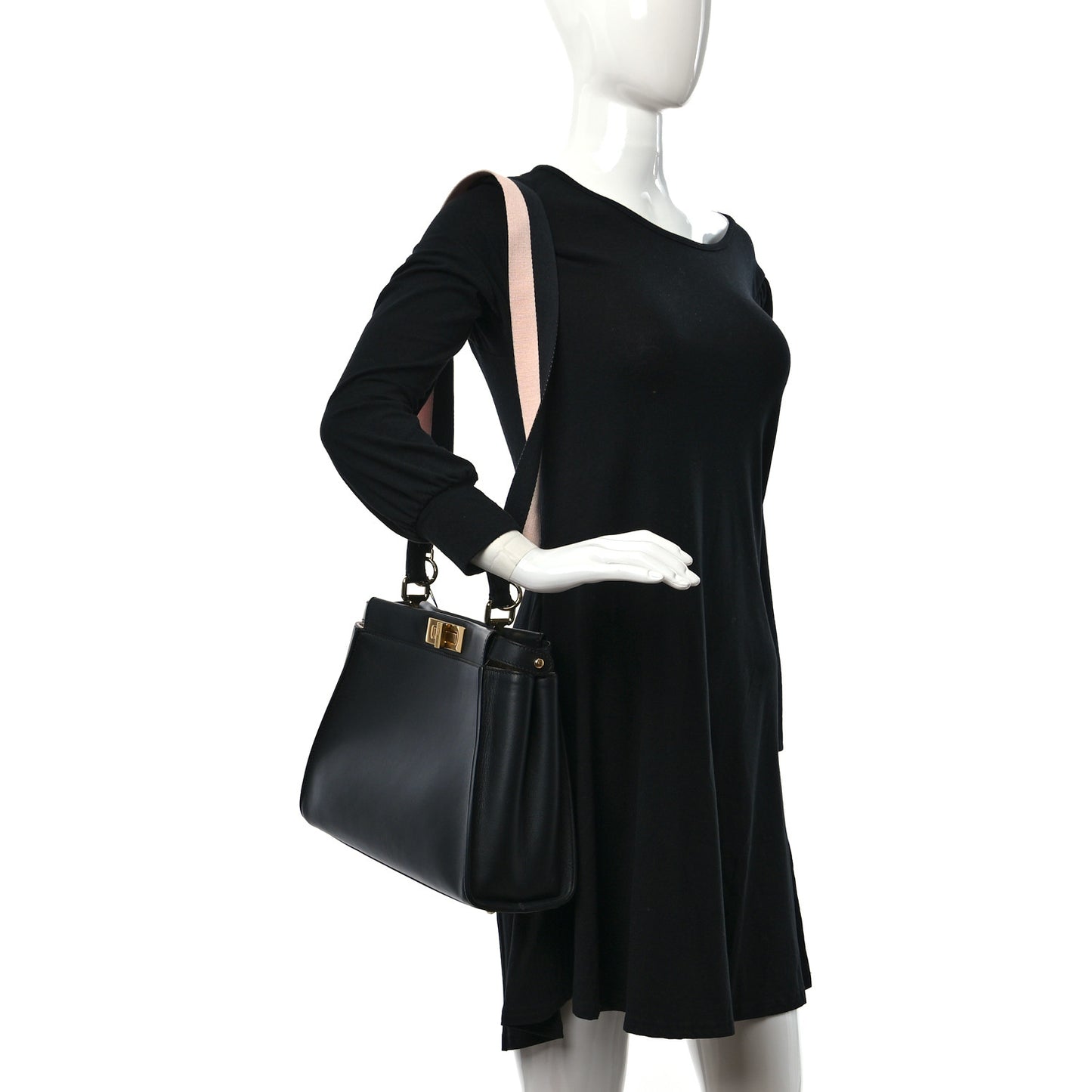Vitello Seta Canvas FF Embroidered Medium Peekaboo Iconic Satchel Black Rosa Quarzo