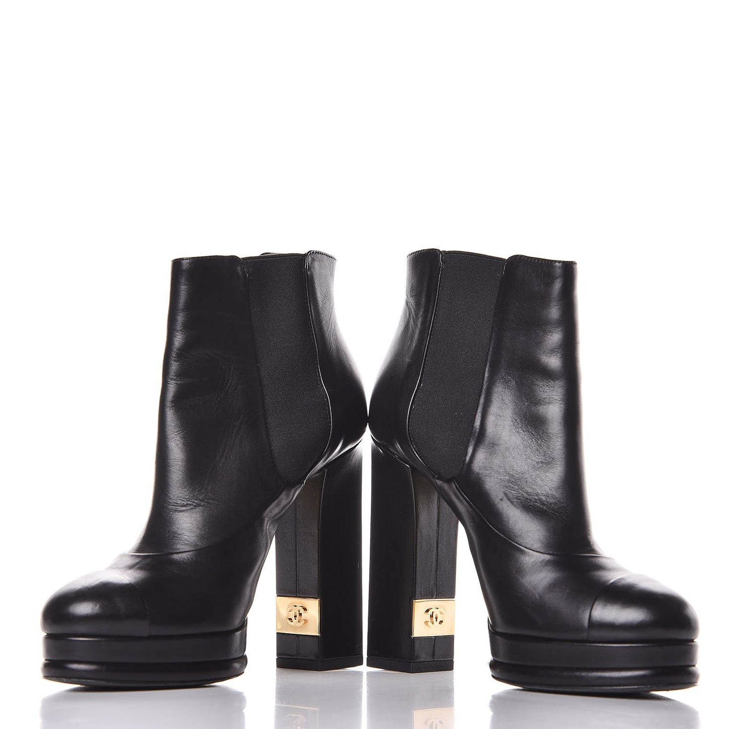 Calfskin Elastic Cap Toe Ankle Boots Booties Heels 37 Black