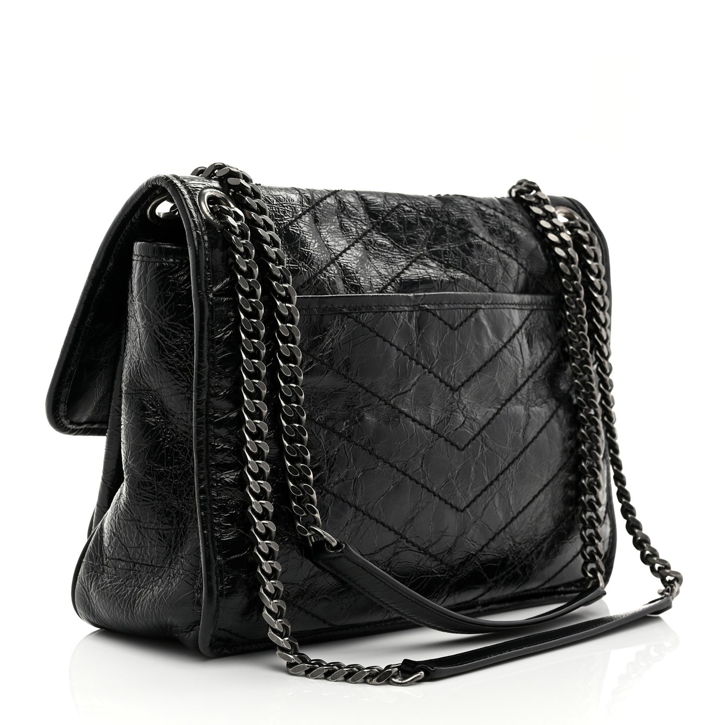 Crinkled Calfskin Matelasse Monogram Medium Niki Chain Satchel Black