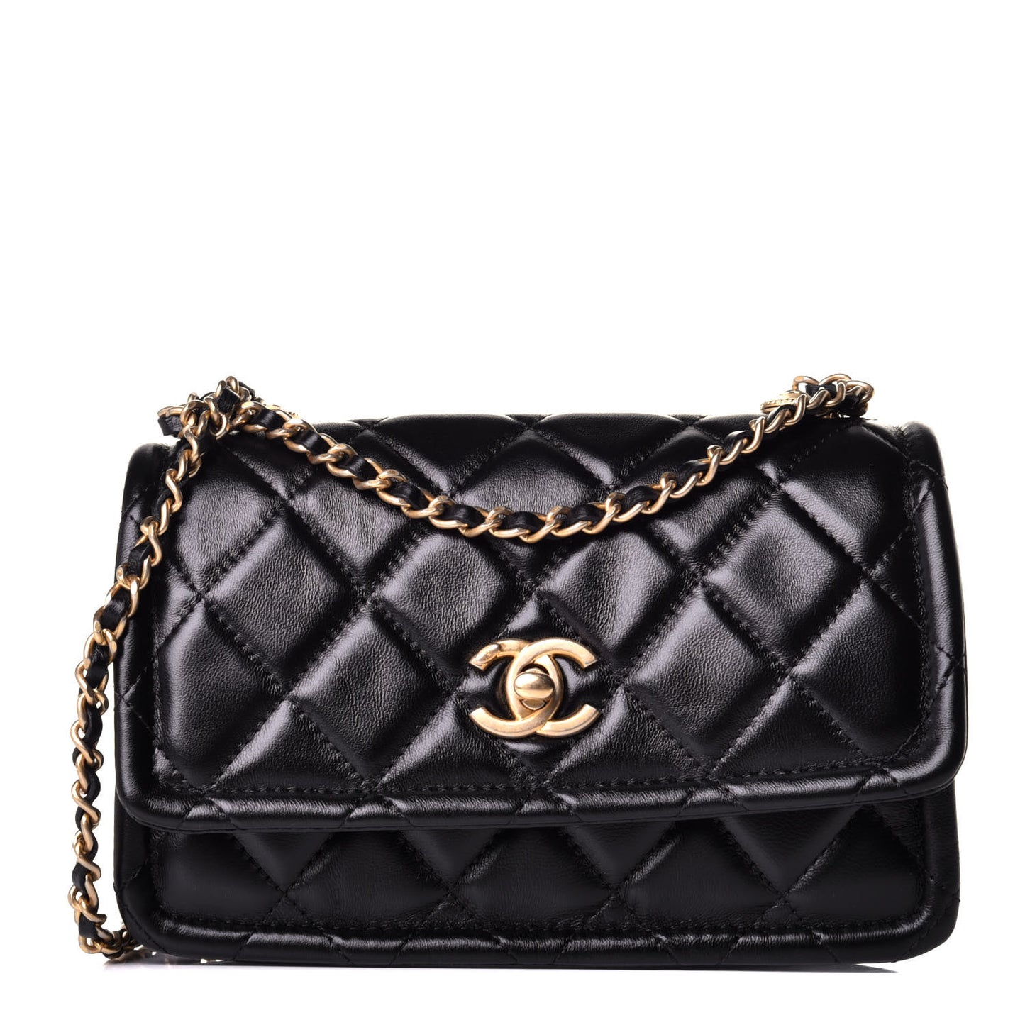 Shiny Lambskin Quilted Mini Flap Black
