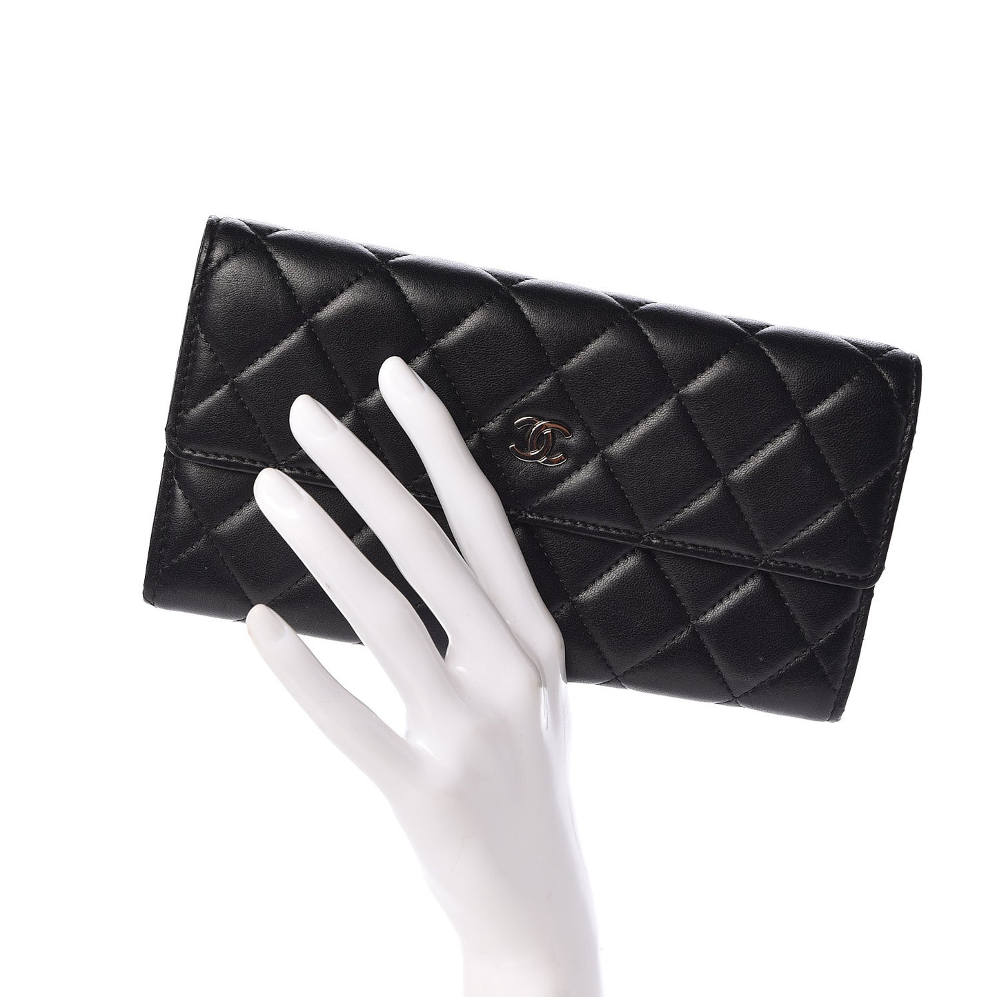 Lambskin Quilted Large Gusset Flap Wallet Black