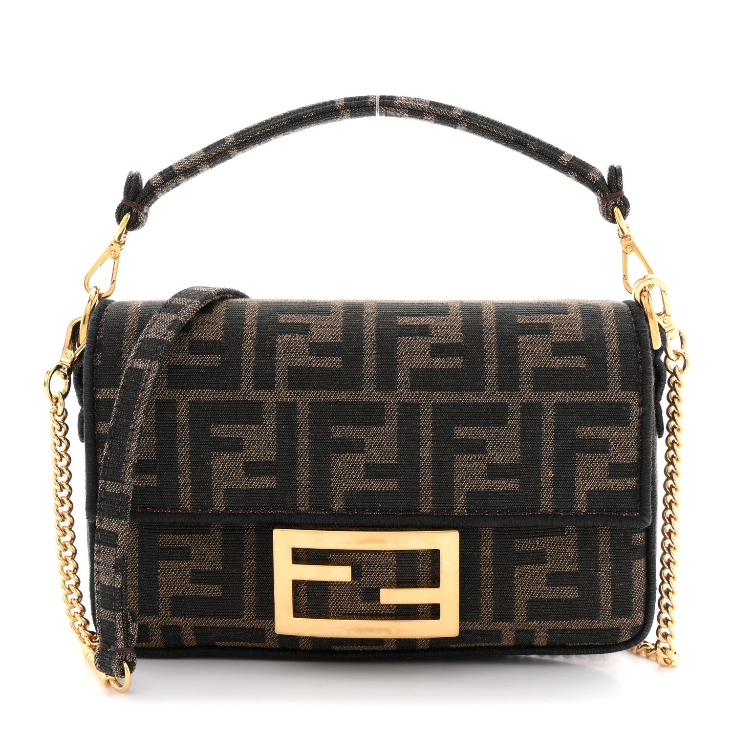 Fendi Fabric Jacquard FF 1974 Mini Baguette Tobacco Moro Black