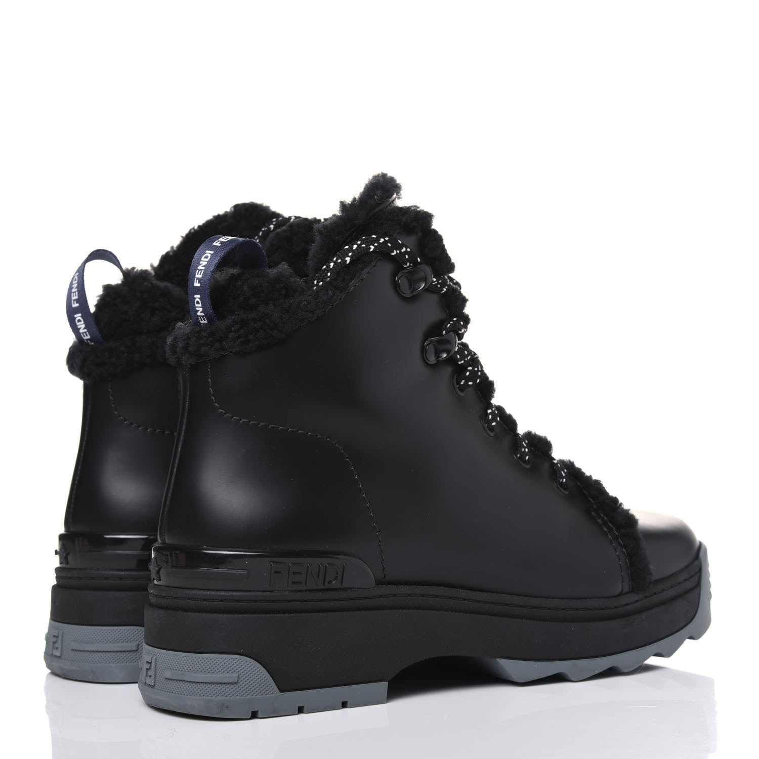 Fendi Vitello Spazzolato Shearling Womens Lace Up Biker Boots 37 Black Navy Blue White 4 of 11