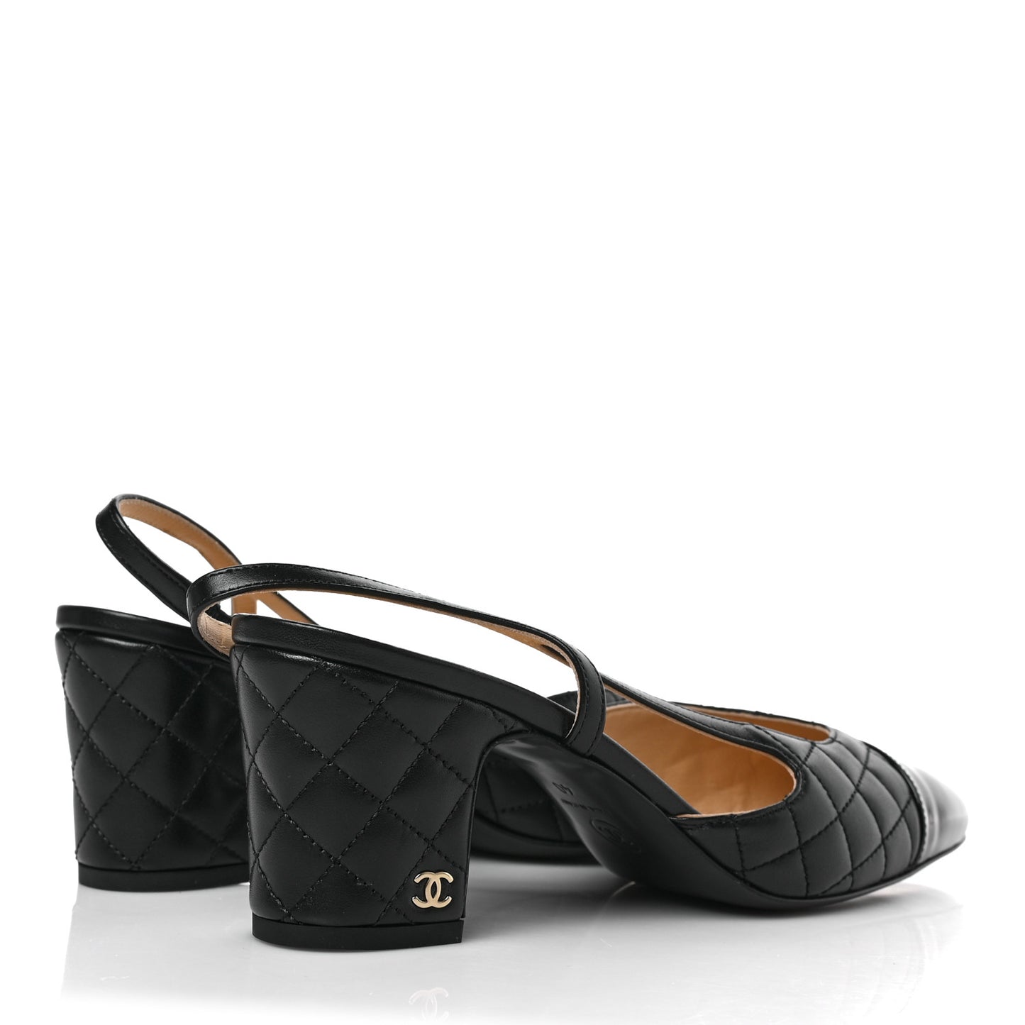 Lambskin Patent Calfskin Quilted Cap Toe CC Slingback Pumps 40 Black