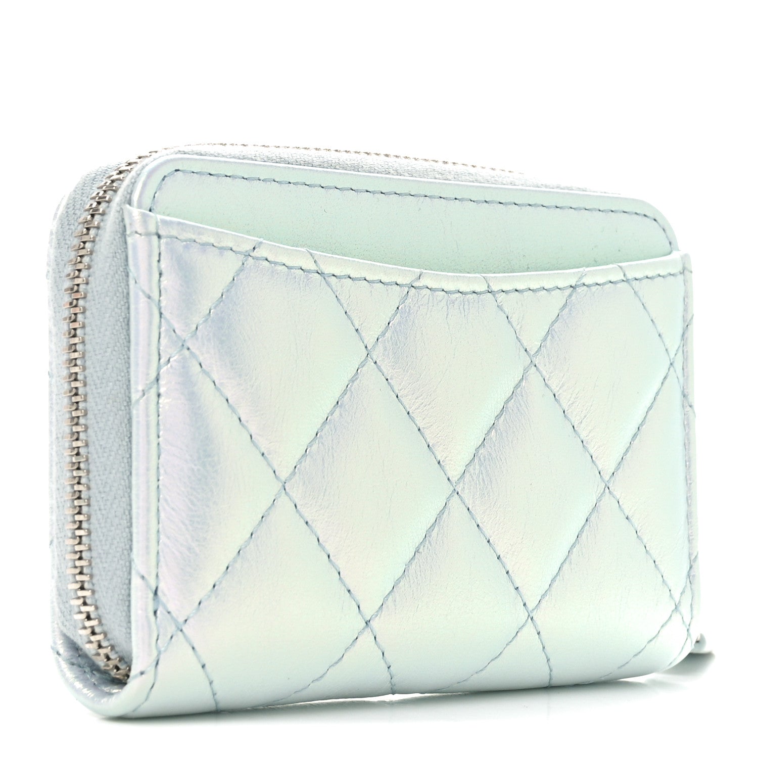 Chanel Iridescent Calfskin Quilted Zip Coin Purse Wallet Light Blue 3 of 7