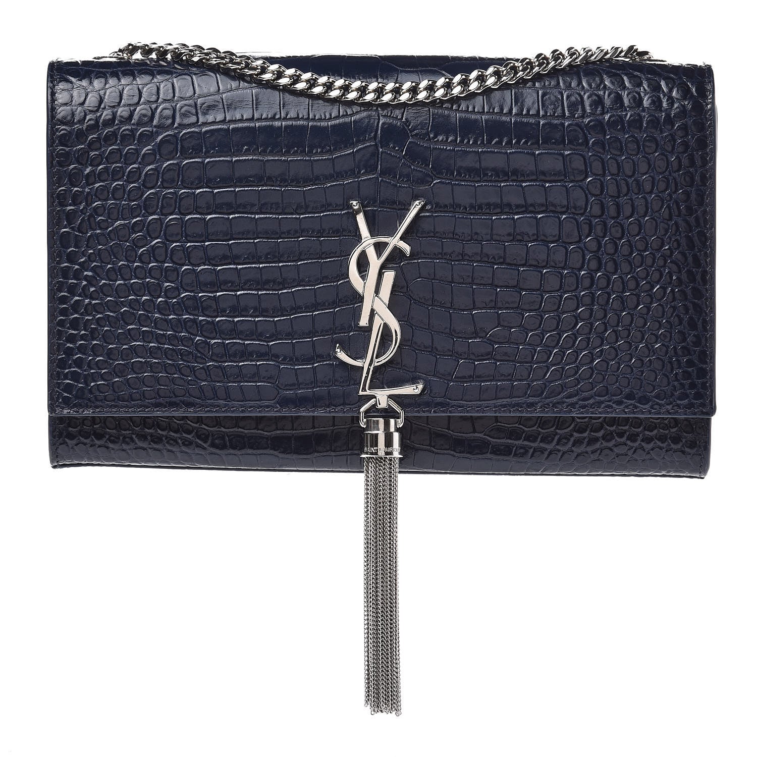Saint Laurent Calfskin Crocodile Embossed Medium Classic Monogram Kate Tassel Satchel Blue Sapphire 1 of 10