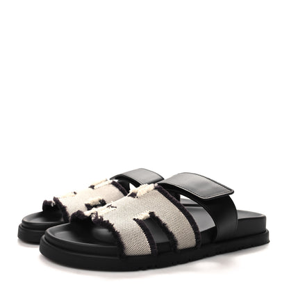 Hermes Techno Fringed H Canvas Caflskin Womens Chypre Sandals 38 Prunoir Black 3 of 9