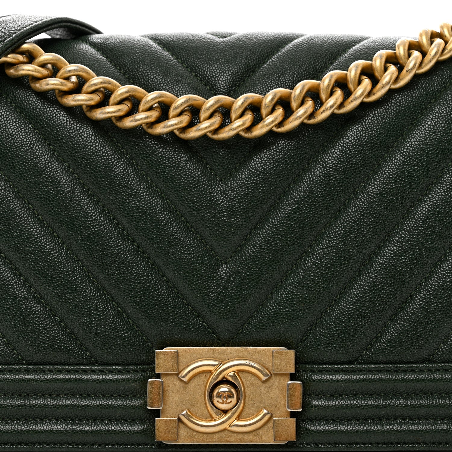 Chanel Caviar Chevron Quilted Medium Boy Flap Dark Green 5 of 12