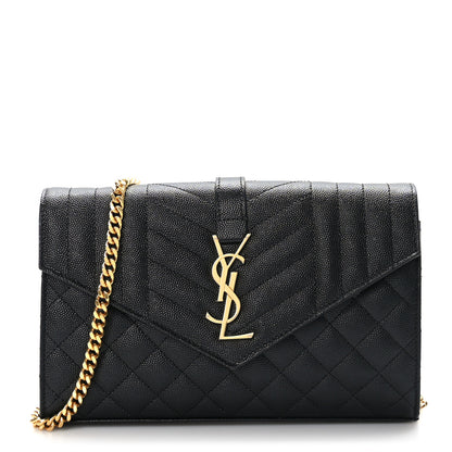 Saint Laurent Grain De Poudre Mixed Matelasse Triquilt Monogram Chain Wallet Black 1 of 9