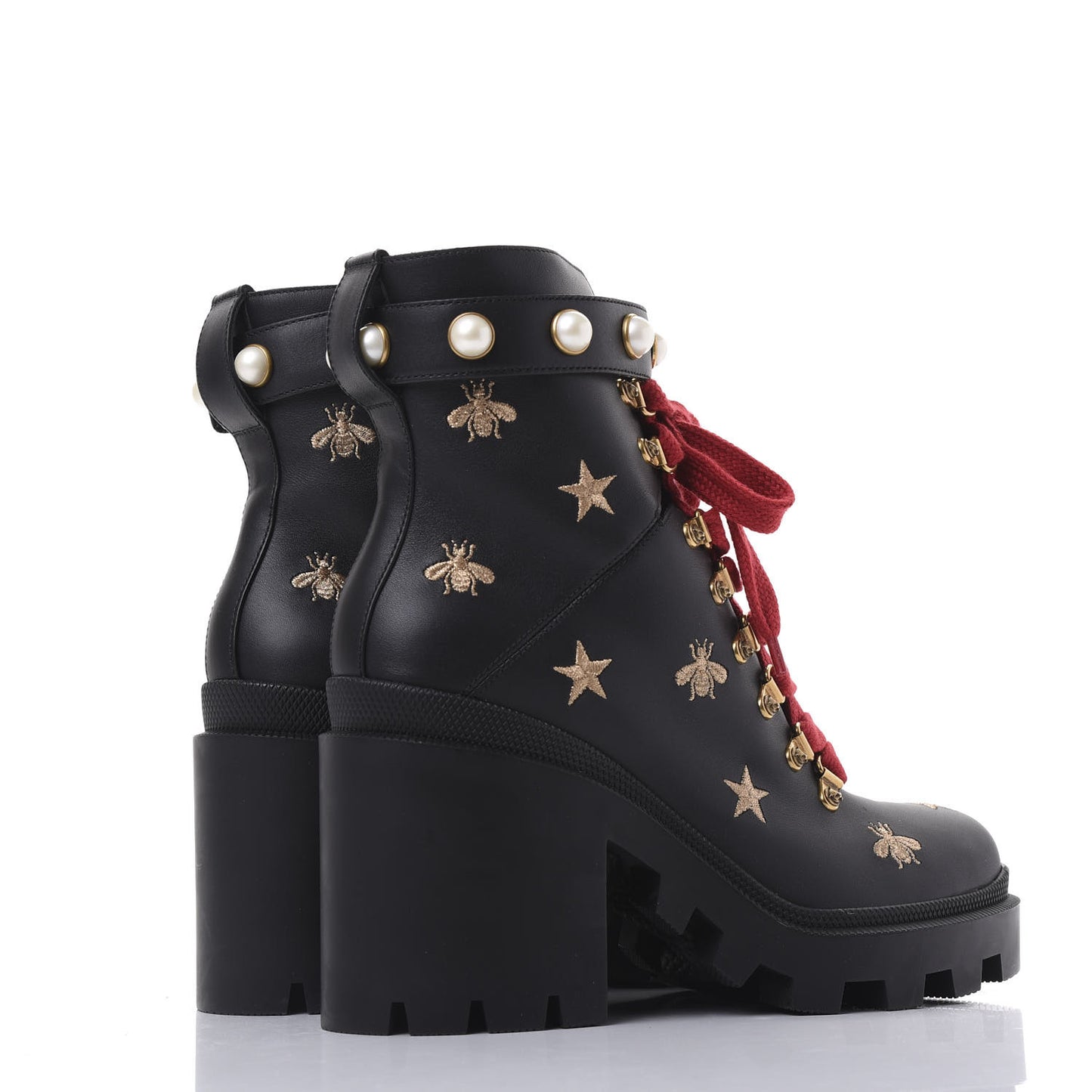 Calfskin Embroidered Lace Up Combat Ankle Boots 39.5 Black