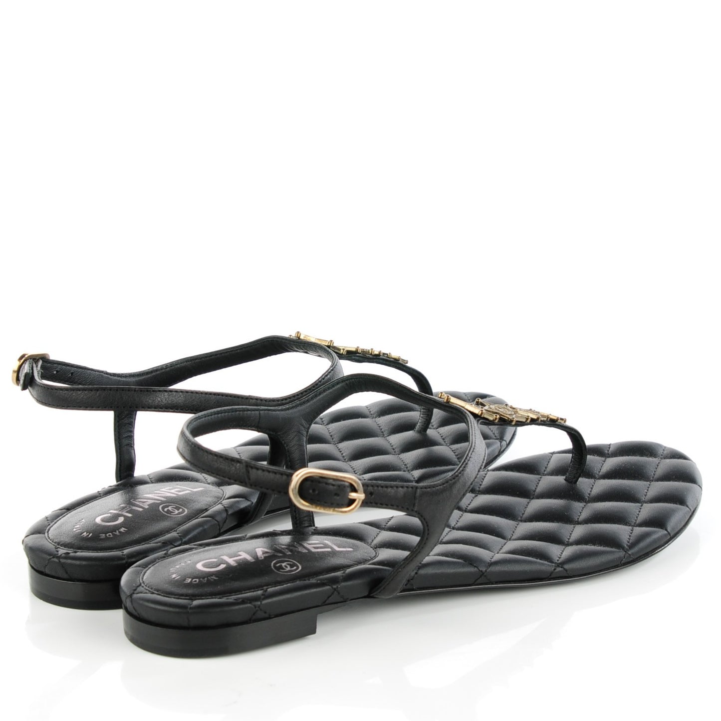Calfskin Paris Dallas Quilted Star CC Thong Sandals Black 37.5